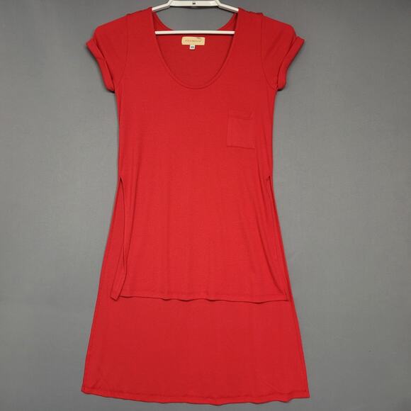 Otis & Maclain High Low T-Shirt Top Womens XS Red Ribbed Pocket Short Sleeves - Picture 1 of 11